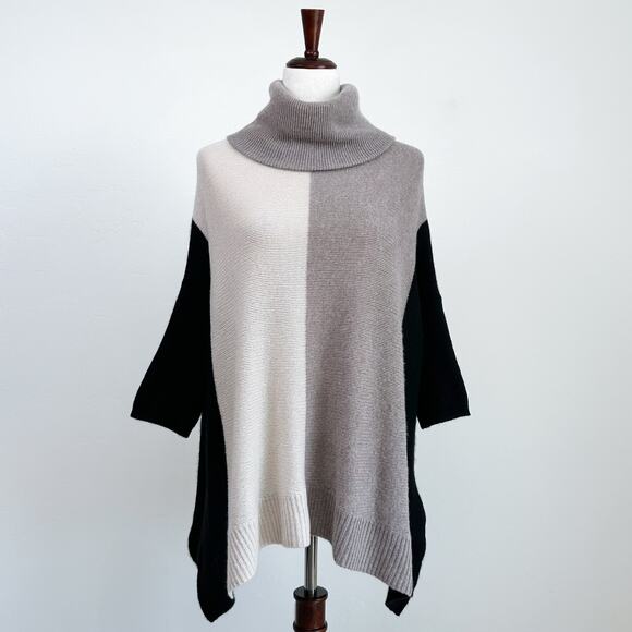 360 Cashmere Neutral Colorblock Turtleneck Poncho Knit Sweater Pullover - Picture 1 of 8